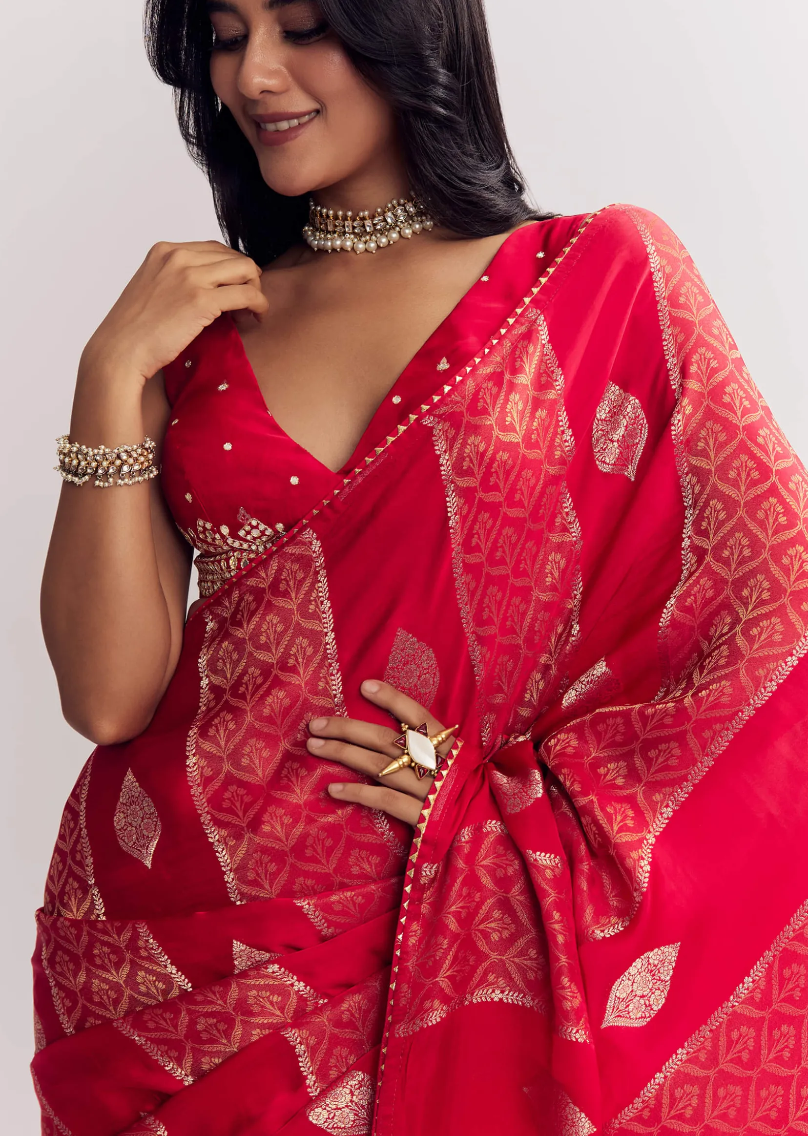 Red Dola Silk Saree With Gota Patti Woven Motifs