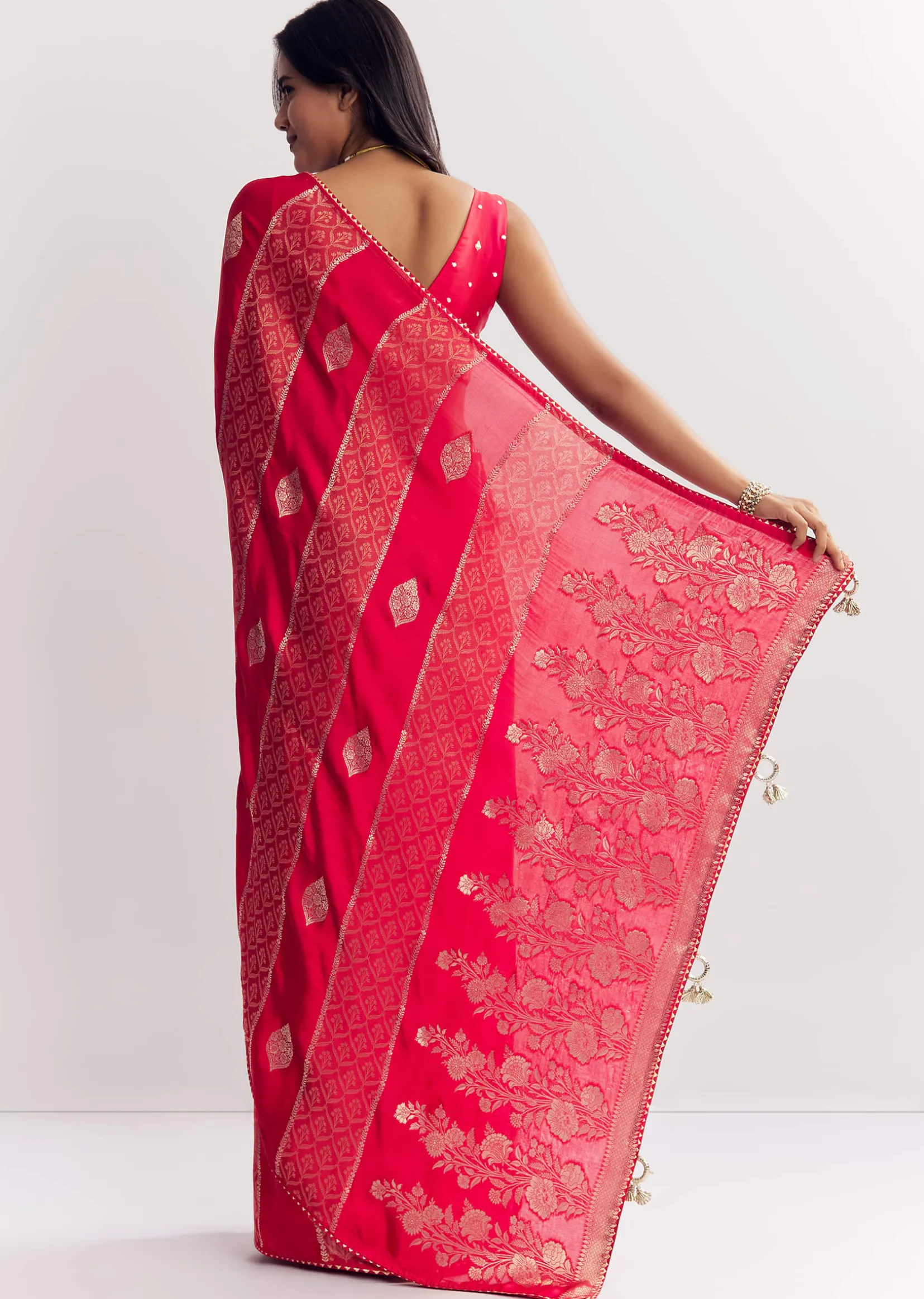 Red Dola Silk Saree With Gota Patti Woven Motifs