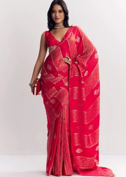 Red Dola Silk Saree With Gota Patti Woven Motifs