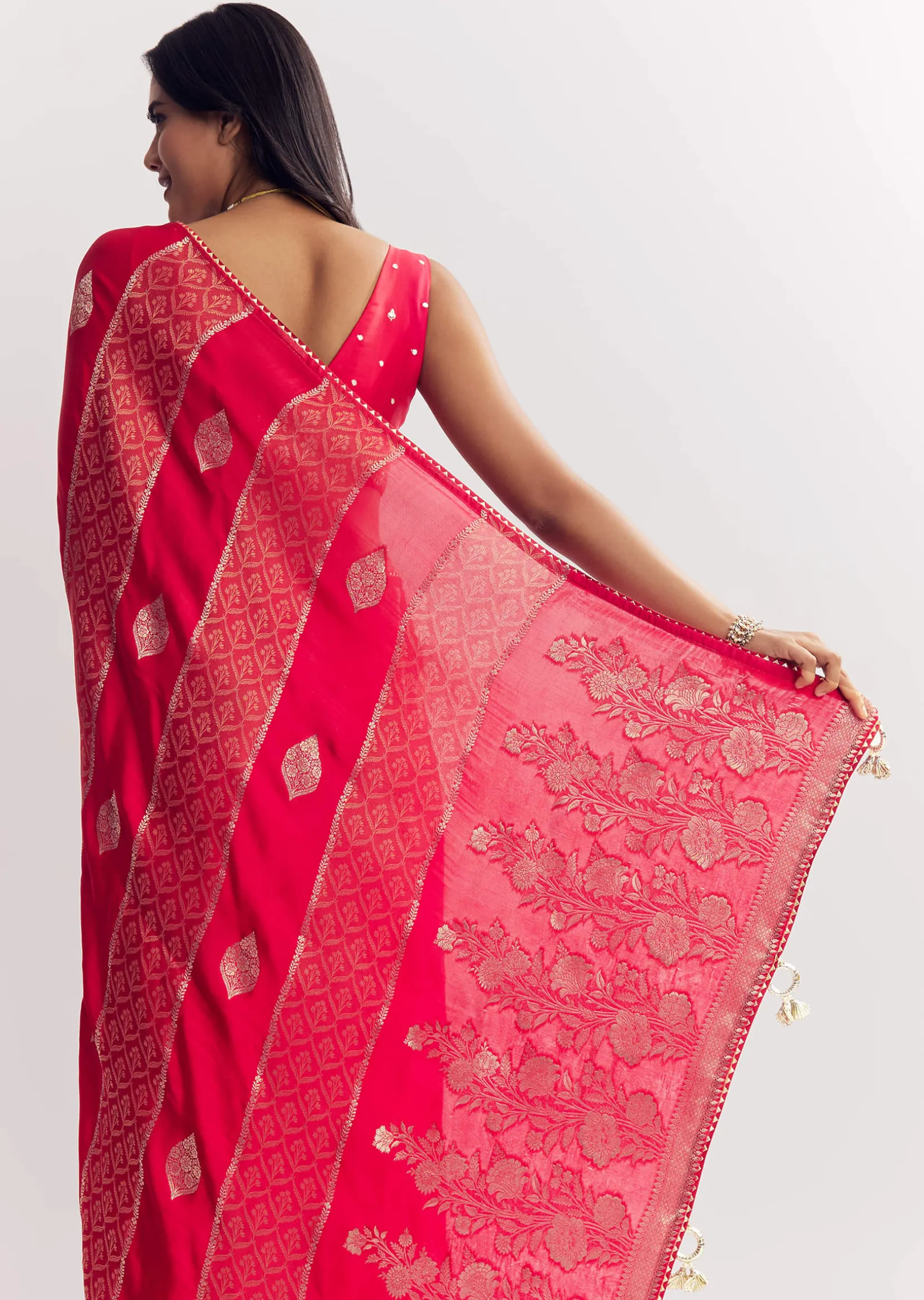 Red Dola Silk Saree With Gota Patti Woven Motifs