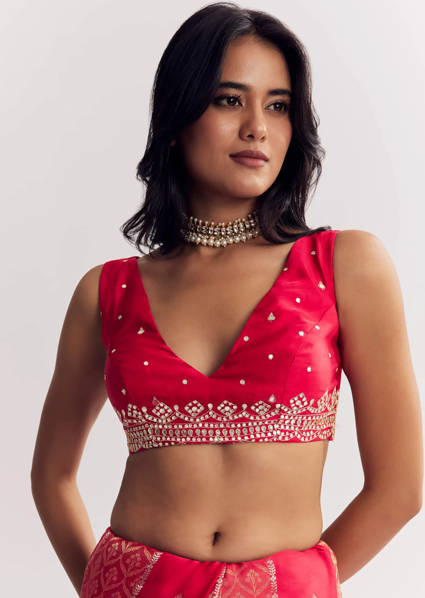 Red Dola Silk Saree With Gota Patti Woven Motifs