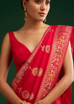 Red Dola Silk Saree With Zari Detailing