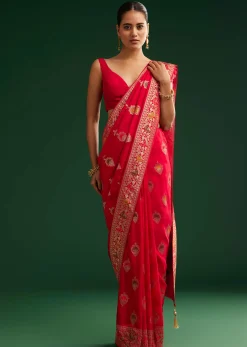 Red Dola Silk Saree With Zari Detailing