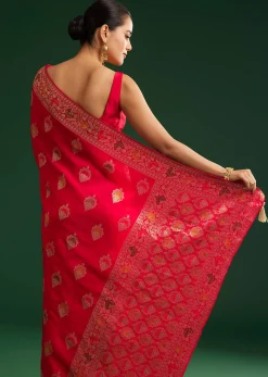Red Dola Silk Saree With Zari Detailing