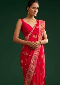 Red Dola Silk Saree With Zari Detailing