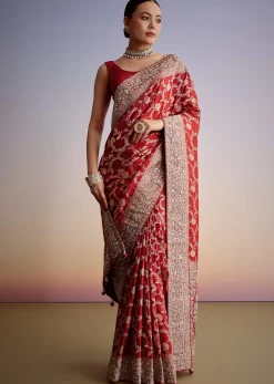 Red Dola Silk Saree With Floral Jaal Work