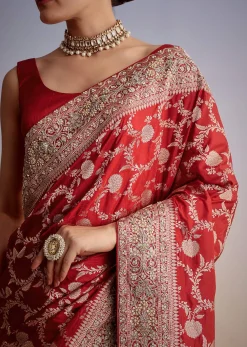 Red Dola Silk Saree With Floral Jaal Work