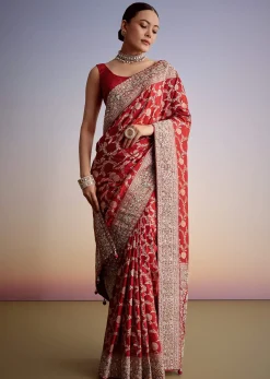 Red Dola Silk Saree With Floral Jaal Work