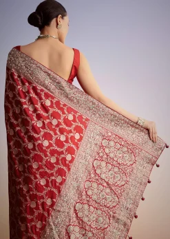 Red Dola Silk Saree With Floral Jaal Work