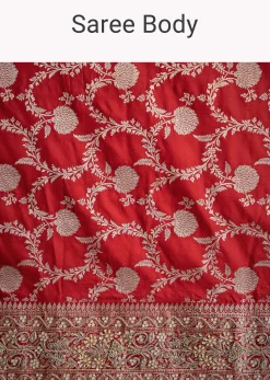 Red Dola Silk Saree With Floral Jaal Work