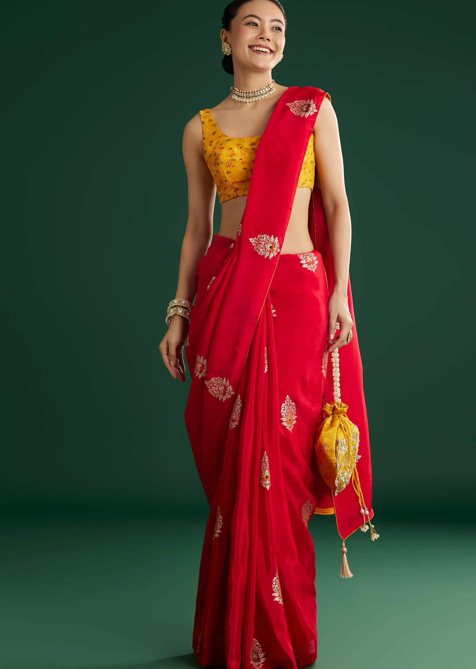 Red Dola Silk Saree With Butti Weave