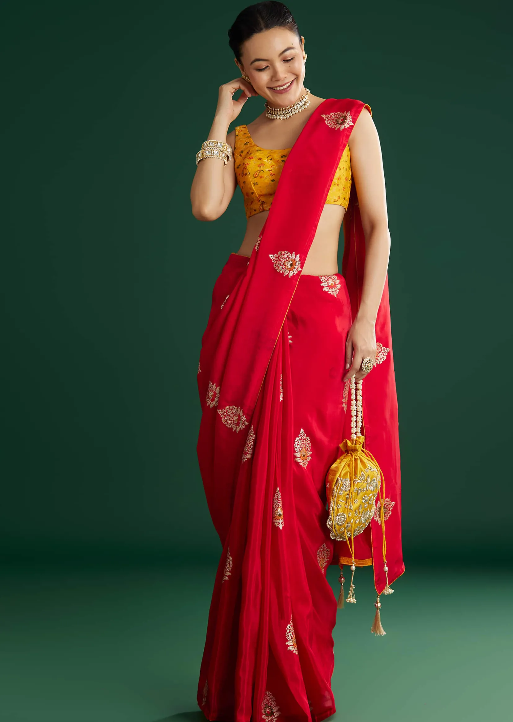 Red Dola Silk Saree With Butti Weave