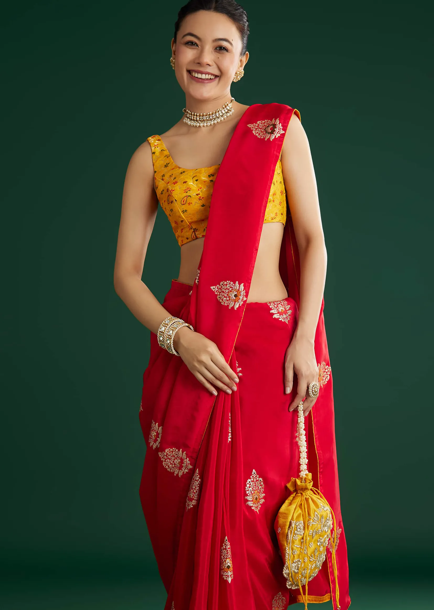 Red Dola Silk Saree With Butti Weave