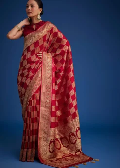 Red Dola Silk Saree With Zari Checkered Design And Woven Border