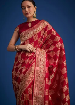 Red Dola Silk Saree With Zari Checkered Design And Woven Border