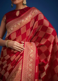 Red Dola Silk Saree With Zari Checkered Design And Woven Border