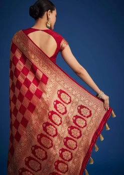 Red Dola Silk Saree With Zari Checkered Design And Woven Border