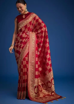 Red Dola Silk Saree With Zari Checkered Design And Woven Border