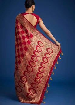 Red Dola Silk Saree With Zari Checkered Design And Woven Border