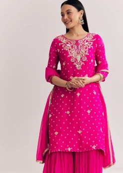 Red Dola Silk Sharara Suit With Embroidered Print