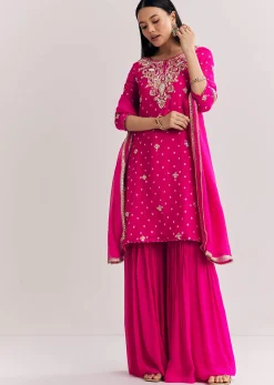 Red Dola Silk Sharara Suit With Embroidered Print