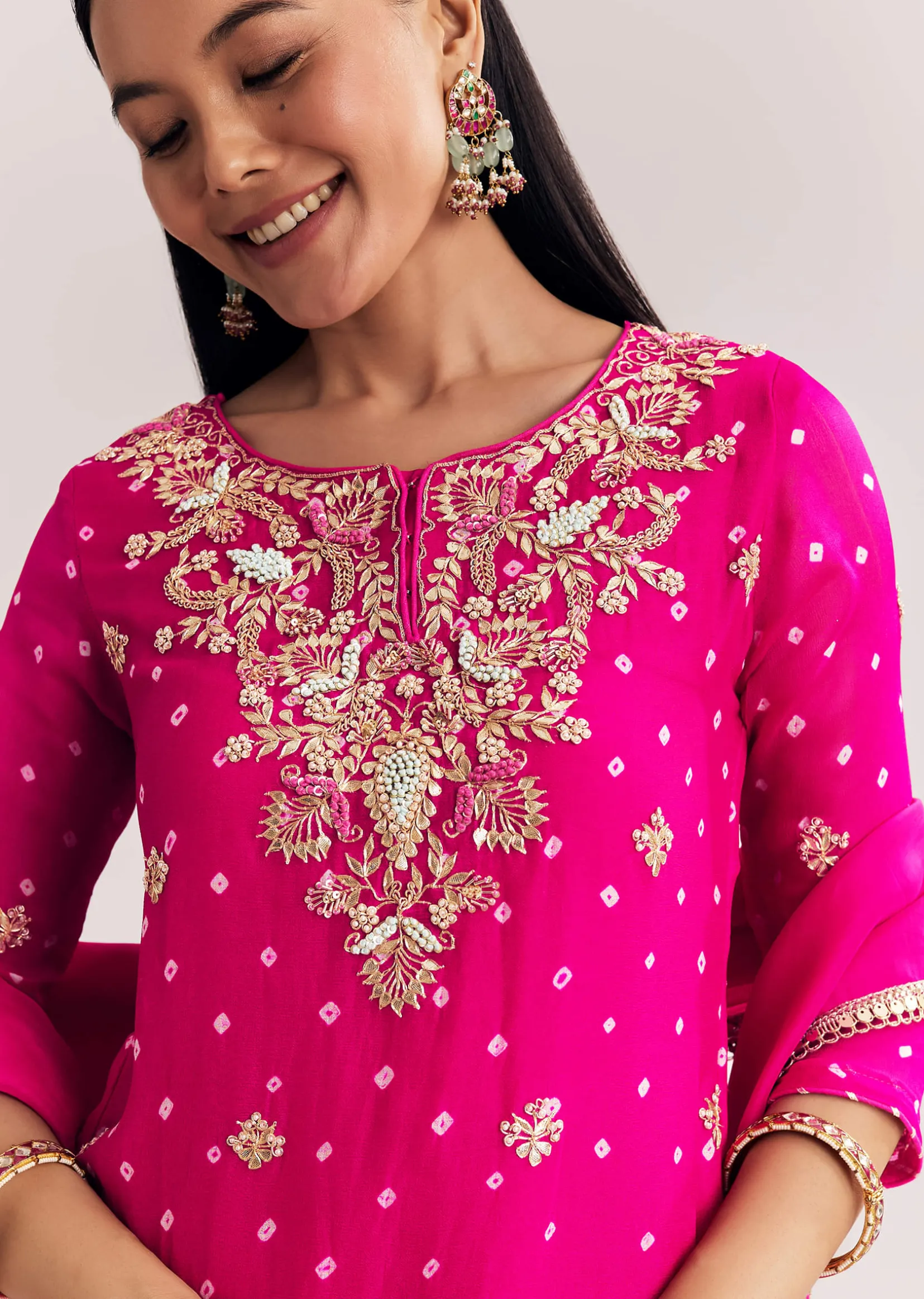 Red Dola Silk Sharara Suit With Embroidered Print