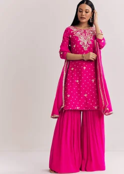 Red Dola Silk Sharara Suit With Embroidered Print