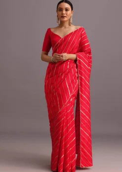 Red Dola Silk Woven Leheriya Saree With Gotta Patti Border