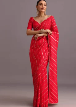 Red Dola Silk Woven Leheriya Saree With Gotta Patti Border