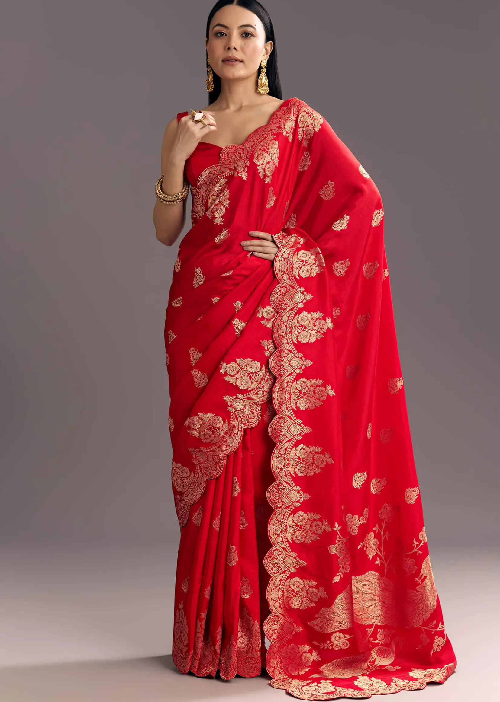 Red Dola Silk Woven Motif Saree With Scallop Border