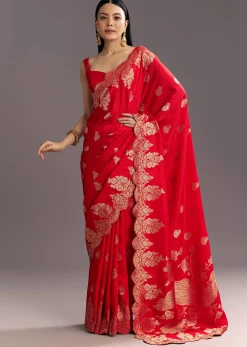 Red Dola Silk Woven Motif Saree With Scallop Border