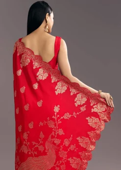 Red Dola Silk Woven Motif Saree With Scallop Border