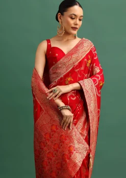 Red Dola Silk Woven Saree With Zari Work And Unstitched Blouse