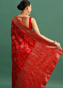 Red Dola Silk Woven Saree With Zari Work And Unstitched Blouse