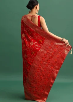 Red Dola Silk Woven Saree With Zari Work And Unstitched Blouse