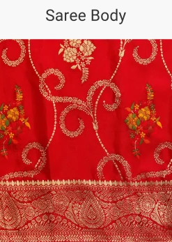 Red Dola Silk Woven Saree With Zari Work And Unstitched Blouse