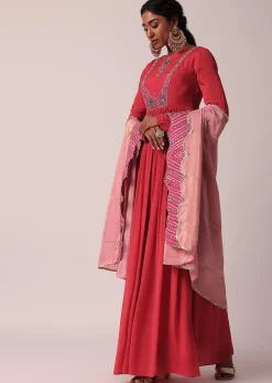 Red Embroidered Anarkali With Tissue Dupatta