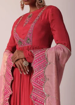 Red Embroidered Anarkali With Tissue Dupatta