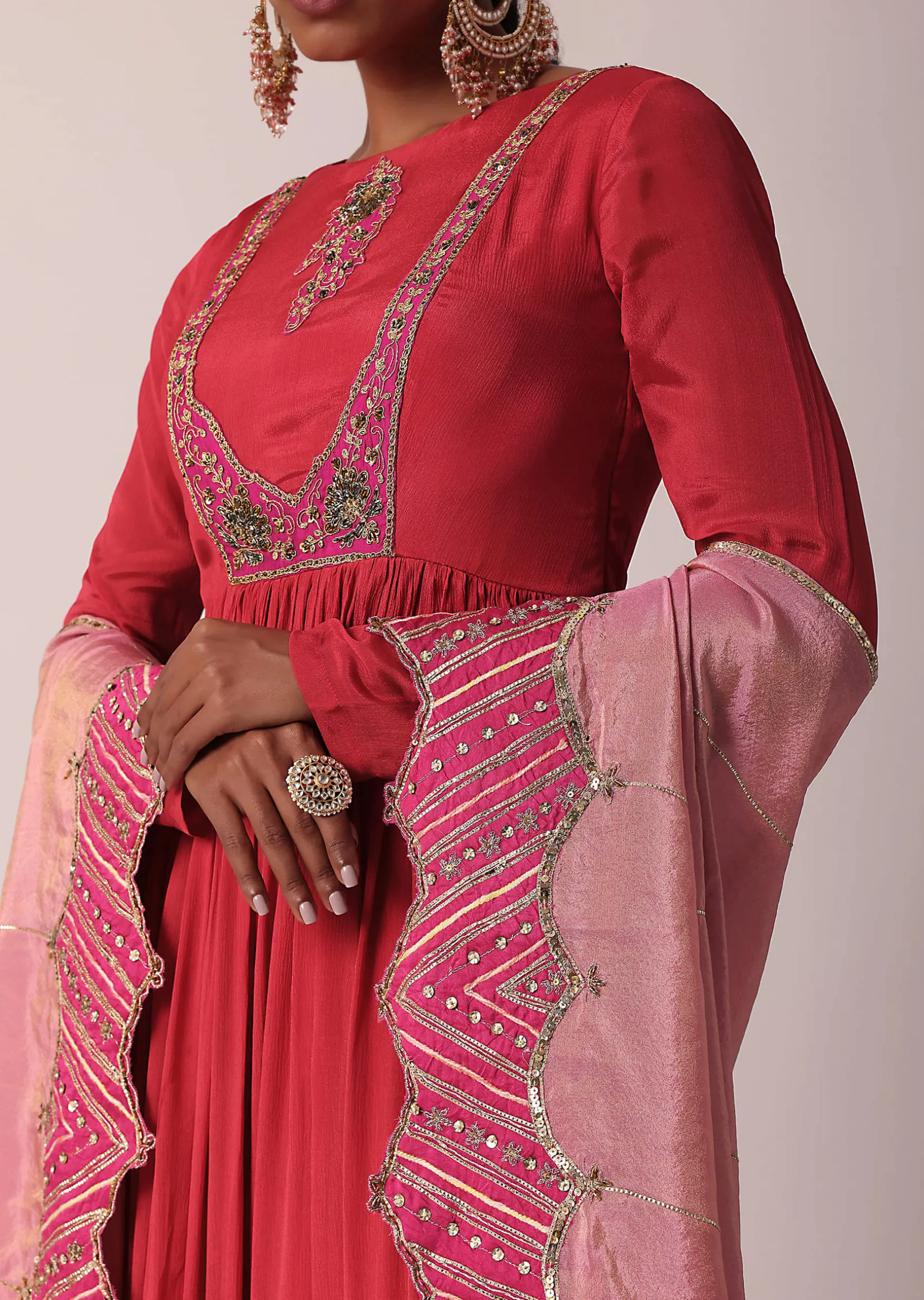 Red Embroidered Anarkali With Tissue Dupatta