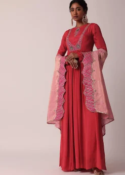 Red Embroidered Anarkali With Tissue Dupatta