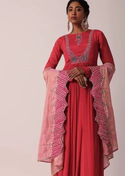 Red Embroidered Anarkali With Tissue Dupatta