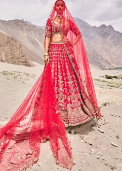 Red Embroidered Bridal Lehenga Blouse With Two Dupattas