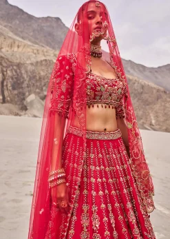 Red Embroidered Bridal Lehenga Blouse With Two Dupattas