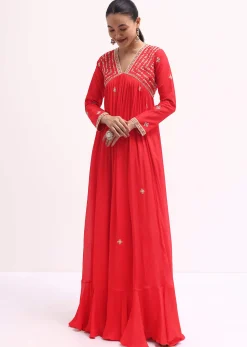 Red Embroidered Chiffon Gown