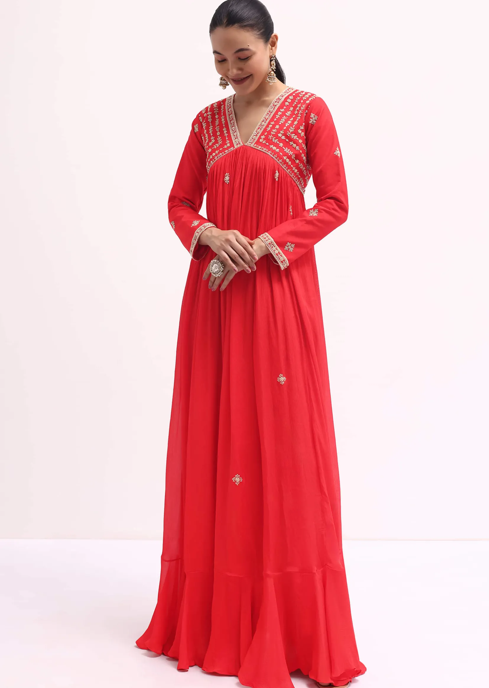 Red Embroidered Chiffon Gown