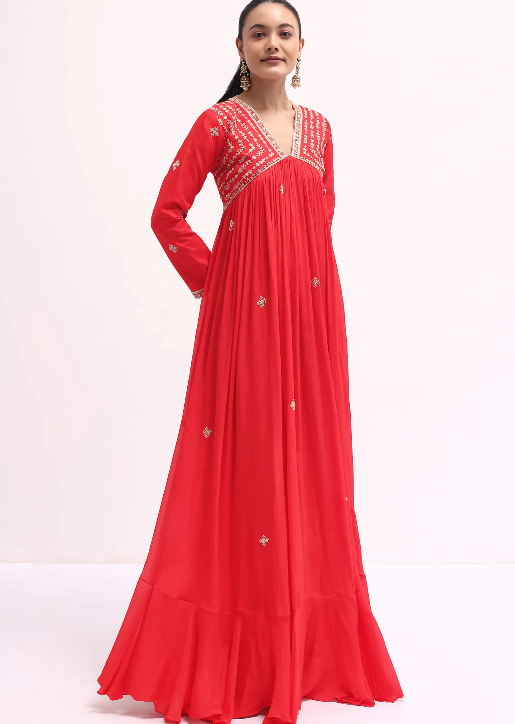 Red Embroidered Chiffon Gown
