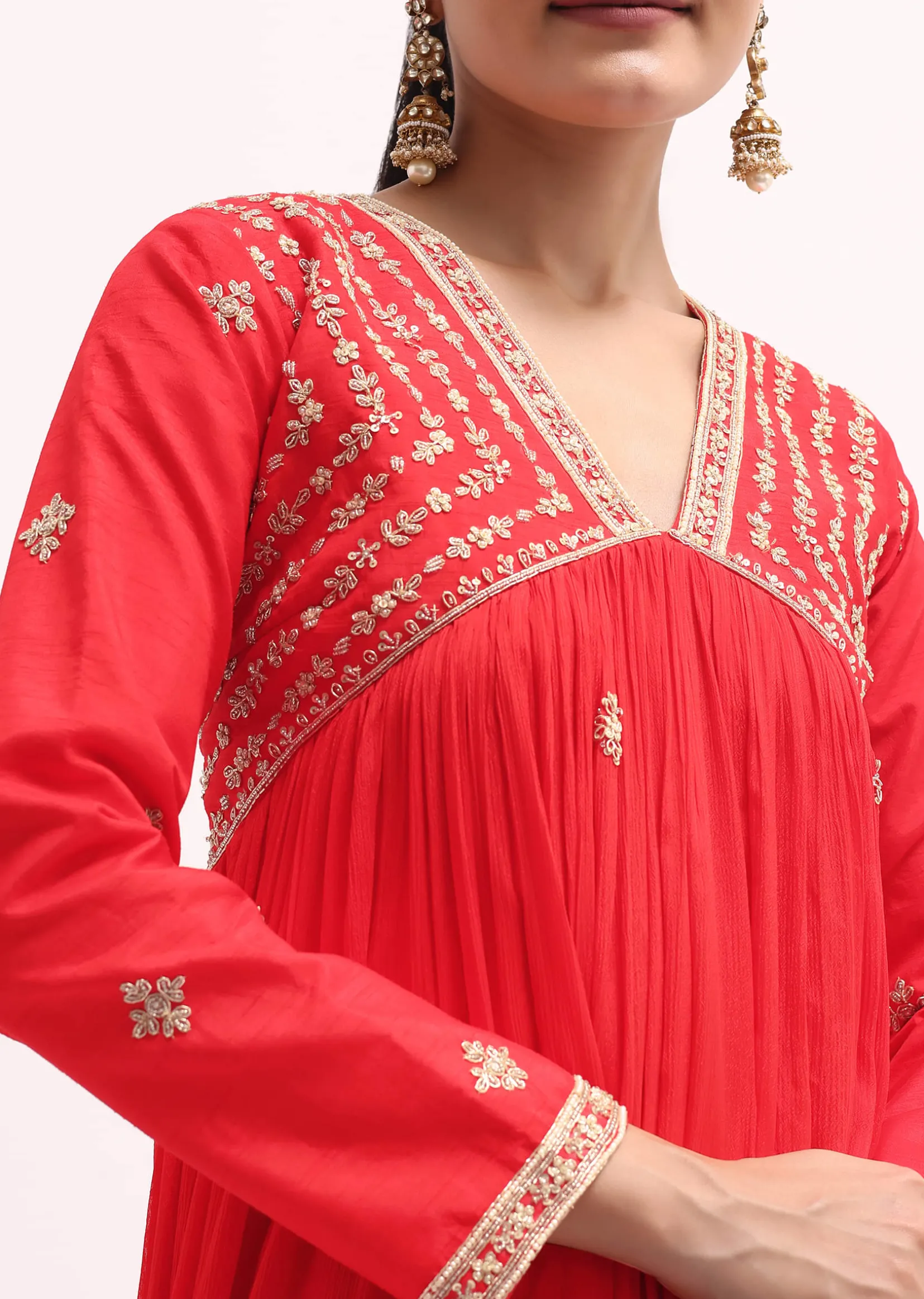 Red Embroidered Chiffon Gown