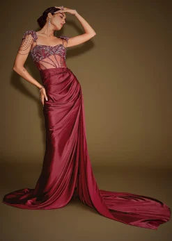 Red Embroidered Corset Gown With Attached Tassel Cape
