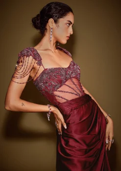 Red Embroidered Corset Gown With Attached Tassel Cape