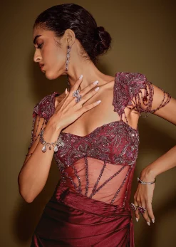 Red Embroidered Corset Gown With Attached Tassel Cape